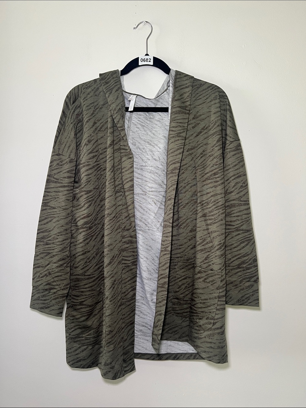 LuLaRoe Cozy Mackenzie Open Front Zebra-Print Cardigan in Olive Green